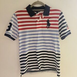 Polo Ralph Lauren Shirt USA Big Pony Logo Boys M 10-12 White Blue Red Patriotic